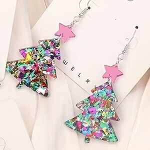 Christmas Tree Earrings Star Dangle Drop Multicolor Festive‎ Holiday Jewelry
